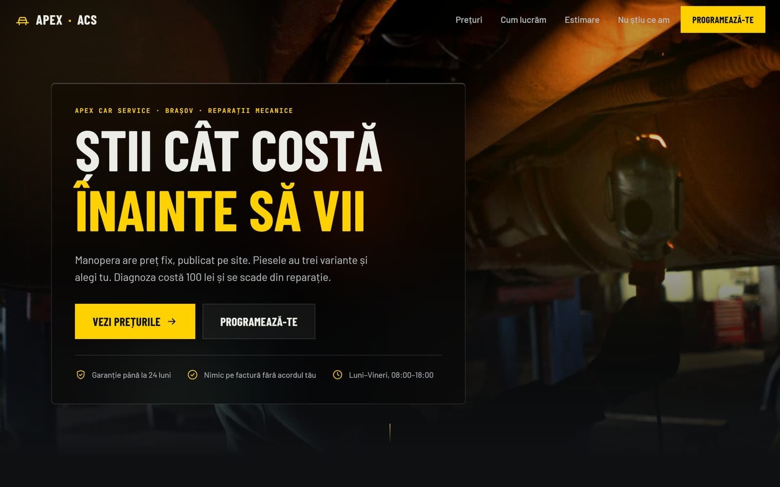 Prima secțiune a site-ului concept ACS: titlu pe fundal de atelier și butoane către prețuri și programare.