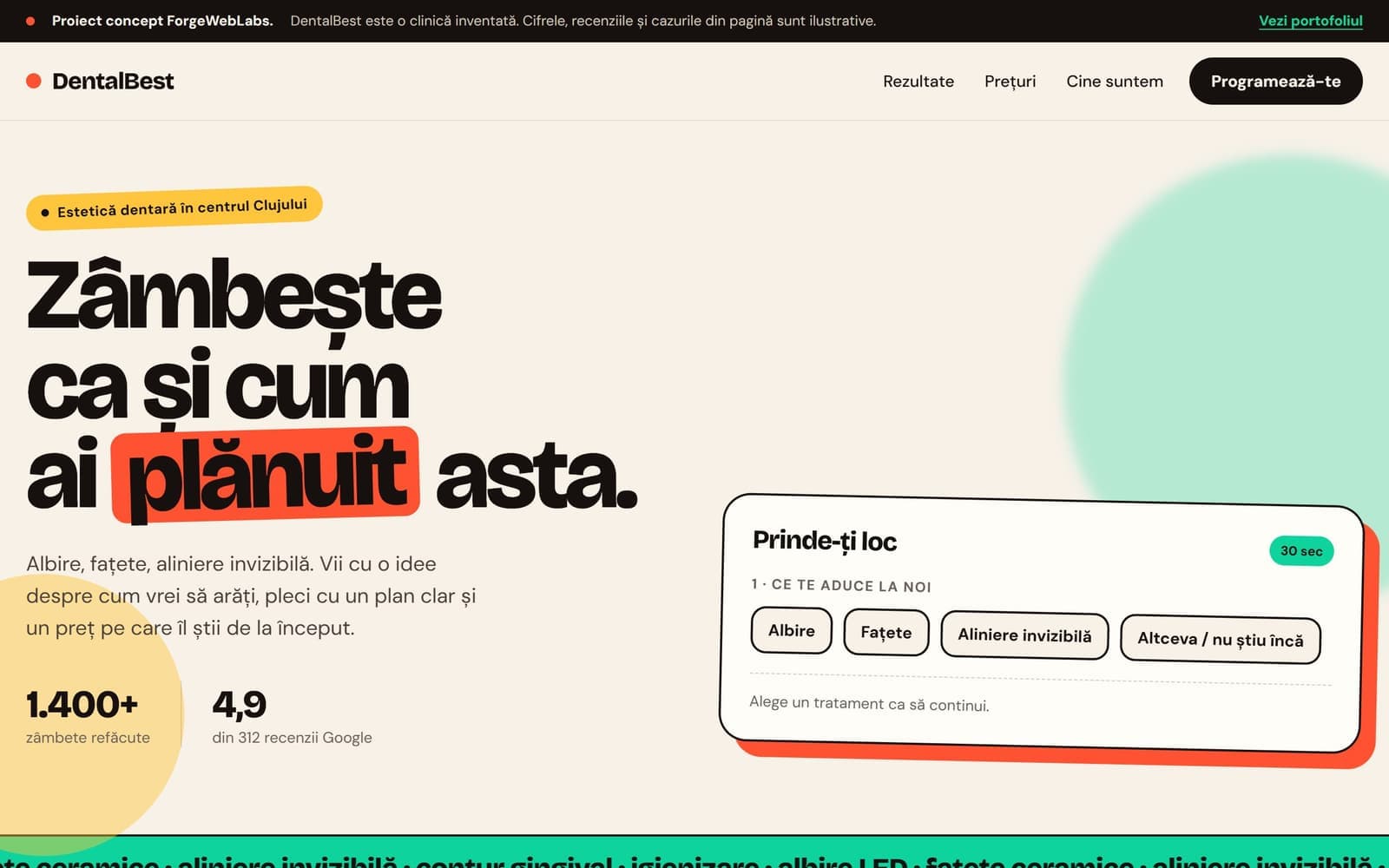Prima secțiune a site-ului concept DentalBest: titlu mare pe fundal crem și formularul de programare în trei pași.